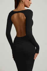 Modal Ruched Backless Maxi Dress in Black