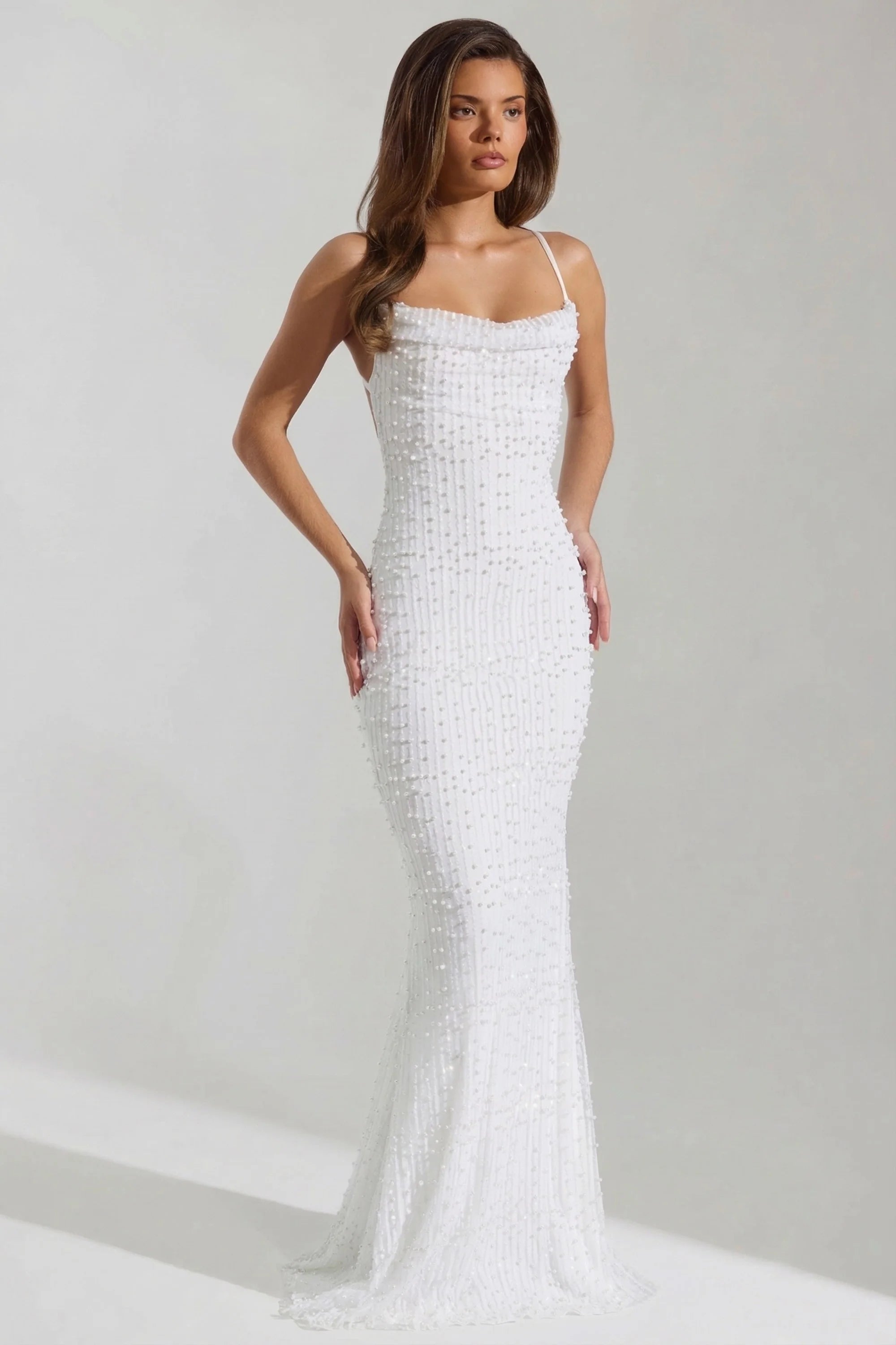 Embellished Cowl-Neck Backless Maxi Dress in White