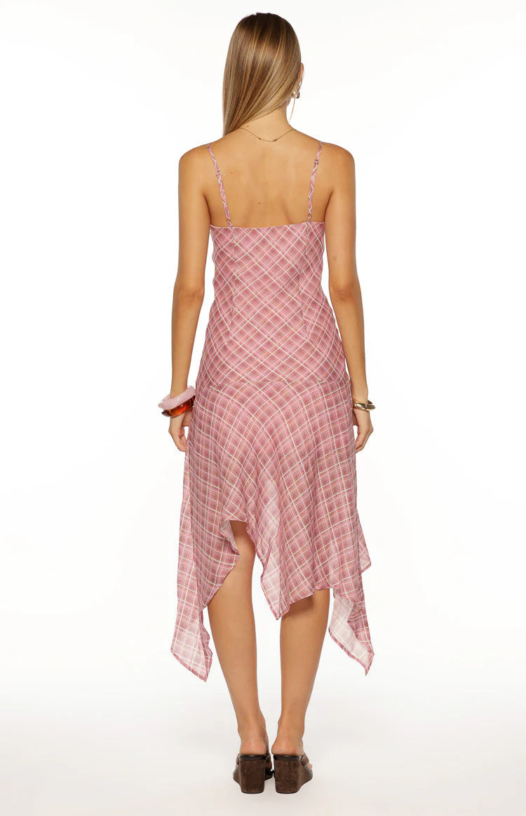 Milla Pink Plaid Hanky Hem Midi Dress