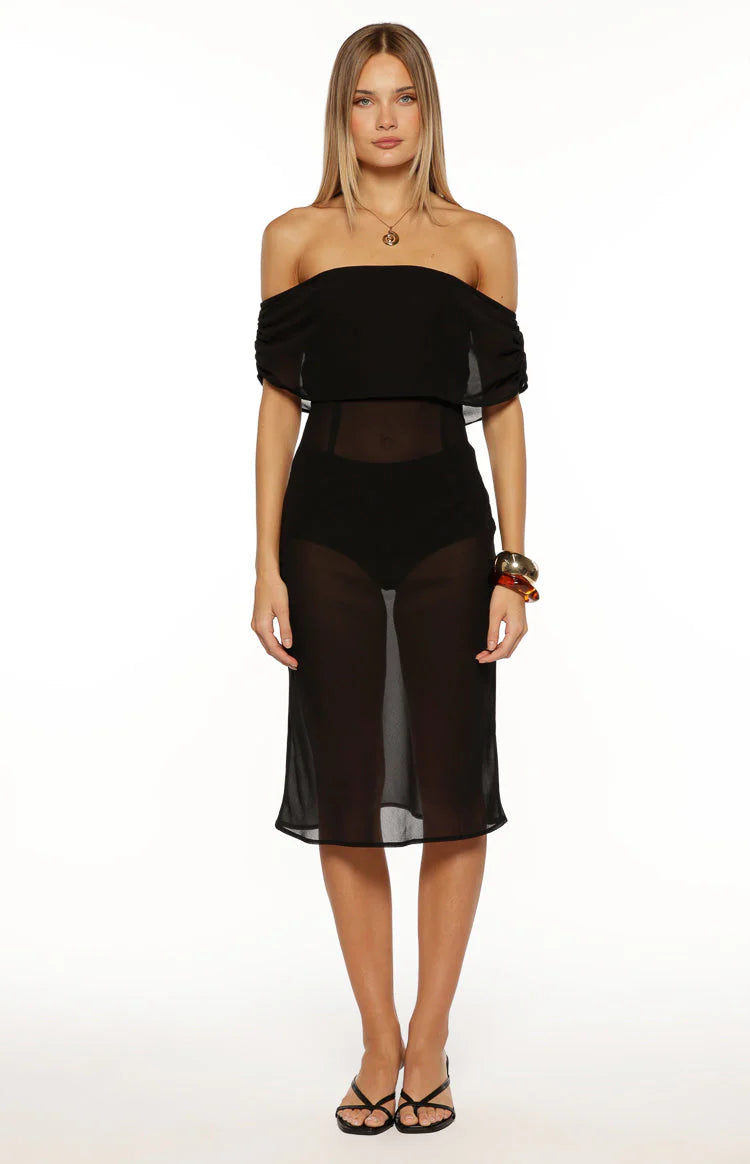 July Black Sheer Off the Shoulder Midi Dress